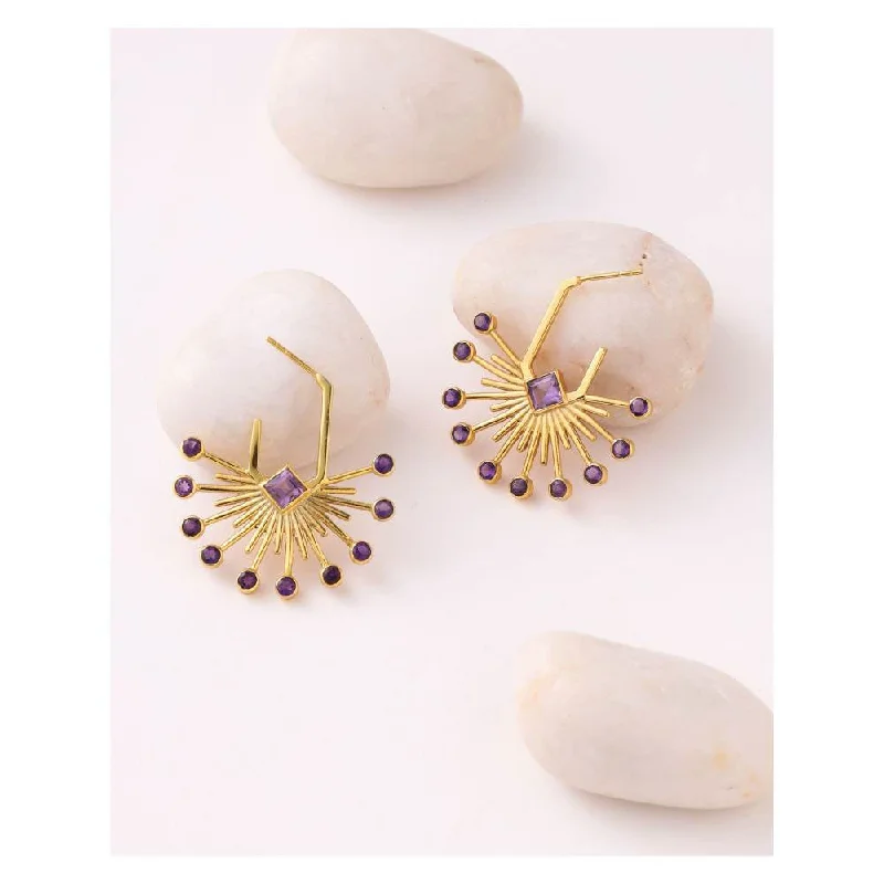 women's baroque pearl earrings-Zurooh 18K Gold Plated Sunburst Hoops Studded with Natural Amethyst Stone