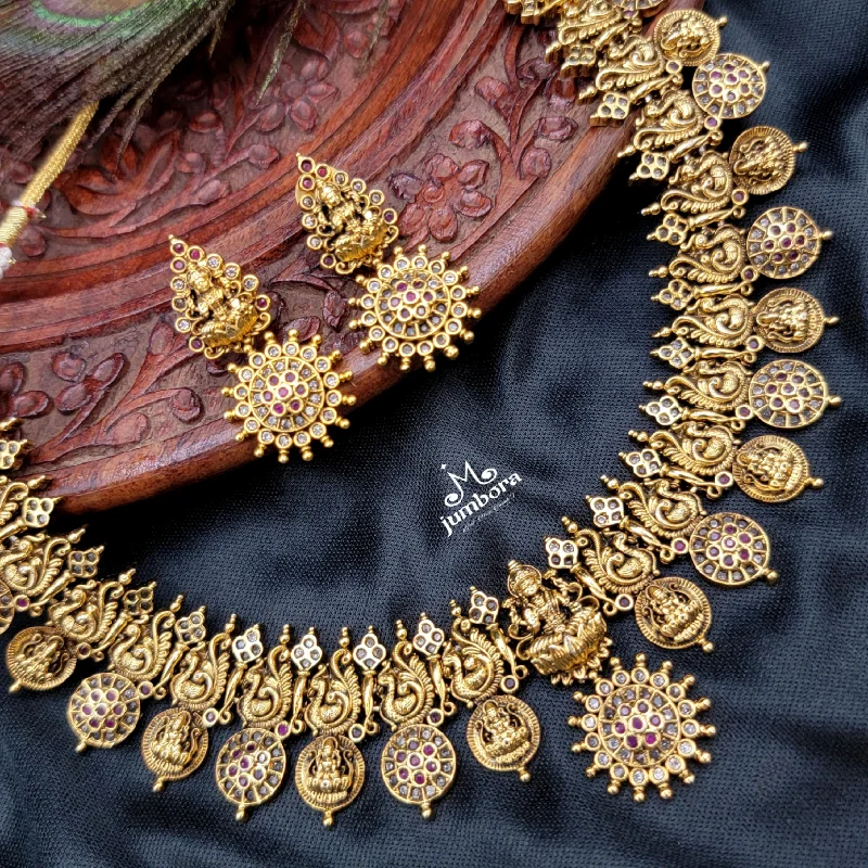 women's custom-made necklaces-Brass Naakshi Peacock Coin Lakshmi Necklace Temple Jewelry Set