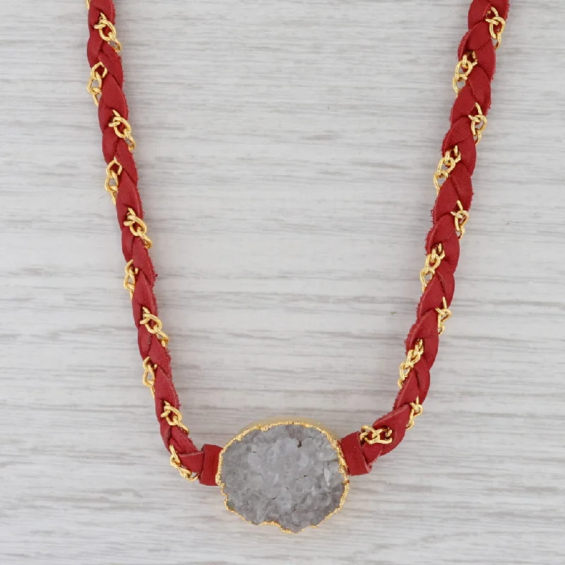 women's tribal necklaces-New Nina Nguyen Cordelia Necklace White Druzy Woven Red Leather Gold Vermeil