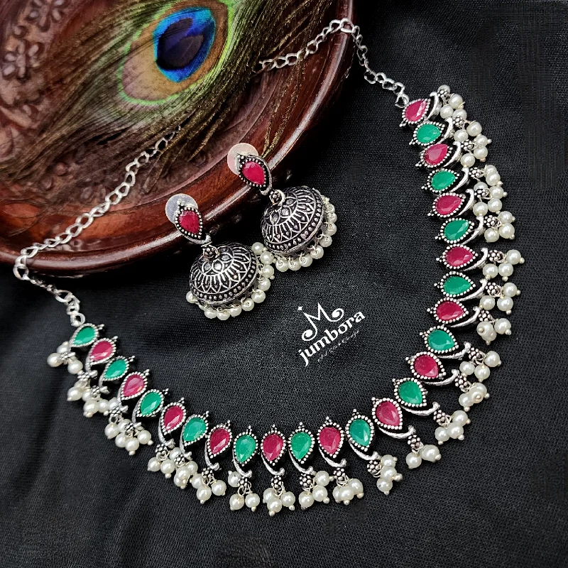 women's amethyst necklaces-Oxidized German Silver Mango  Red & Green Stone Necklace set