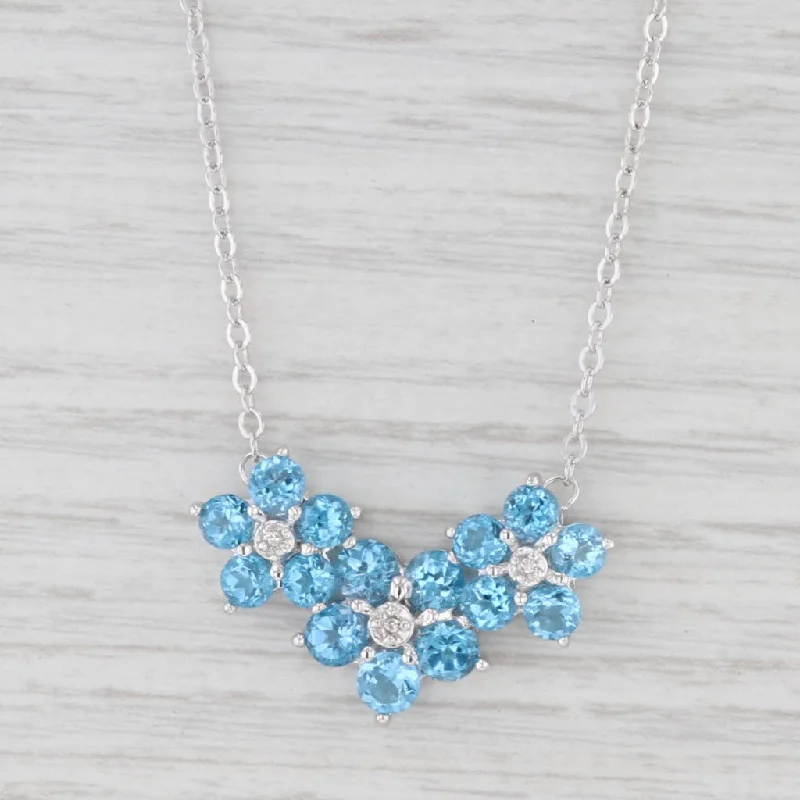 women's fashion necklaces-3.60ctw Blue Topaz Diamond Flower Pendant Necklace 10k White Gold 17.75"