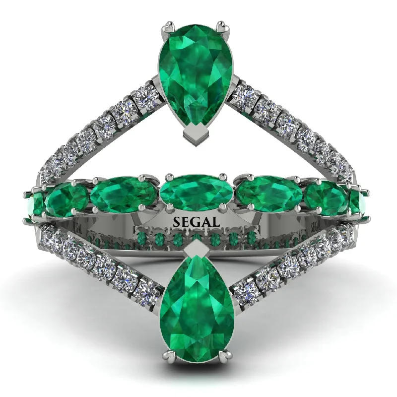 women's platinum rings-Symmetrical Twist Shank Pear Emerald Ring - Eliza No. 6