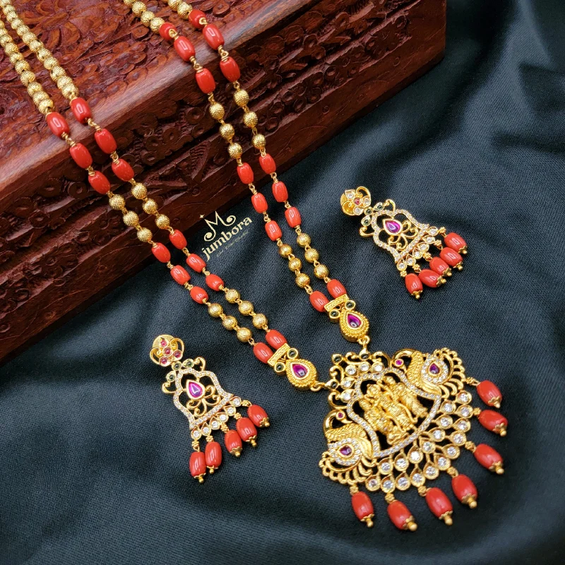 women's tribal necklaces-Ram Parivaar Coral & Gold beads Mala Necklace Set