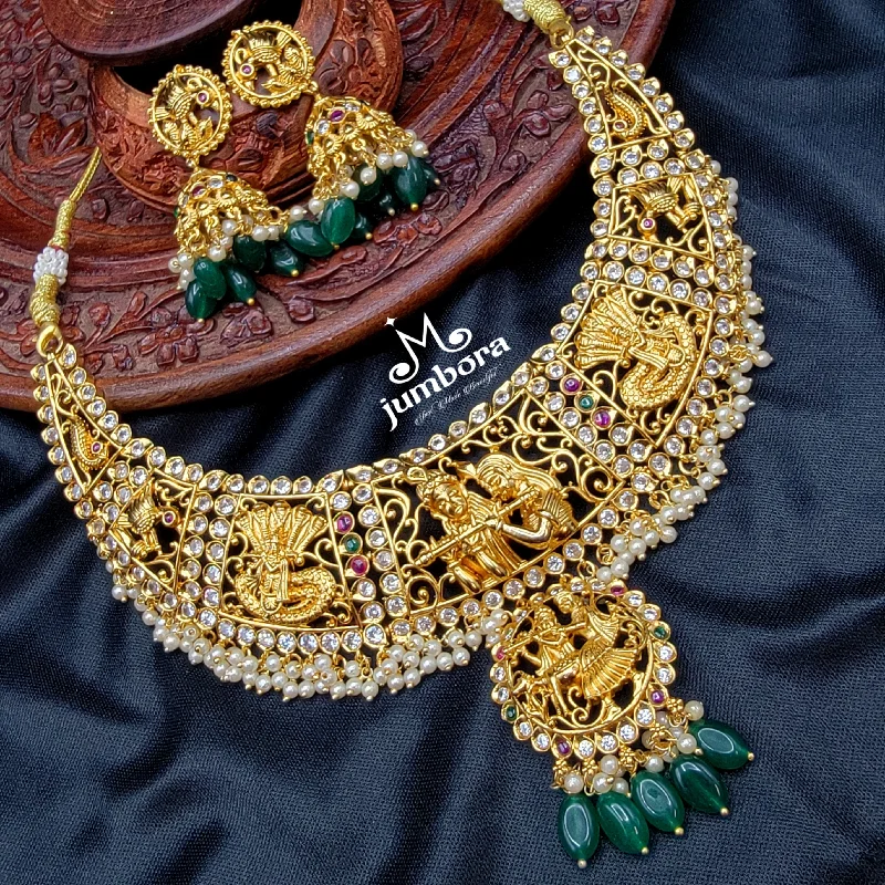 women's bold statement necklaces-Bridal Brass Nakshi Radha Krishna Necklace Temple Jewelry Set