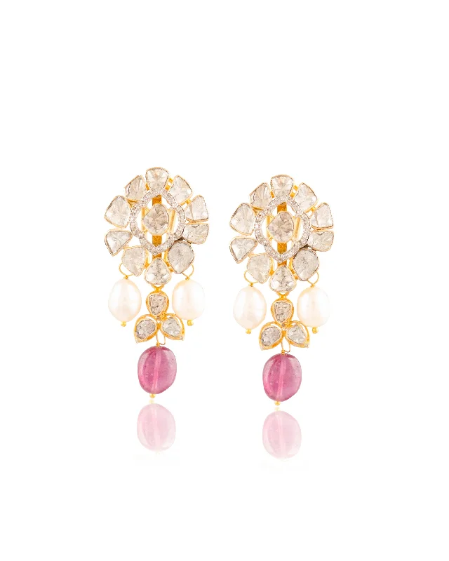 women's oversized earrings-Nikitha Polki And Diamond Long Earrings