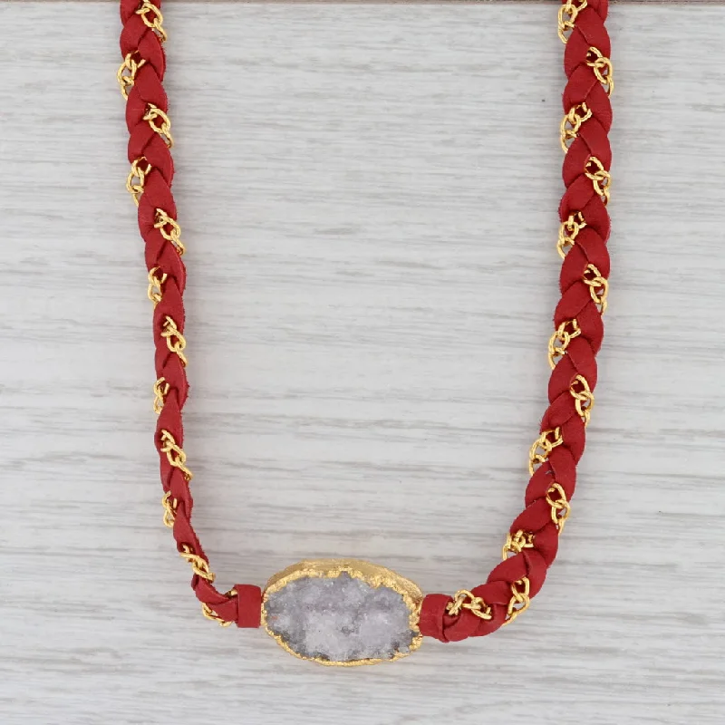 women's floral necklaces-New Cordelia Nina Nguyen Necklace Gold Vermeil Red Woven Leather White Druzy