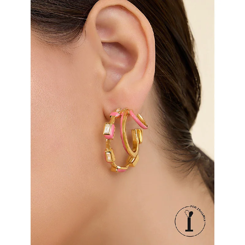 women's art-inspired earrings-Isharya Pink Enamel Triple Hoops In 18Kt Gold Plated