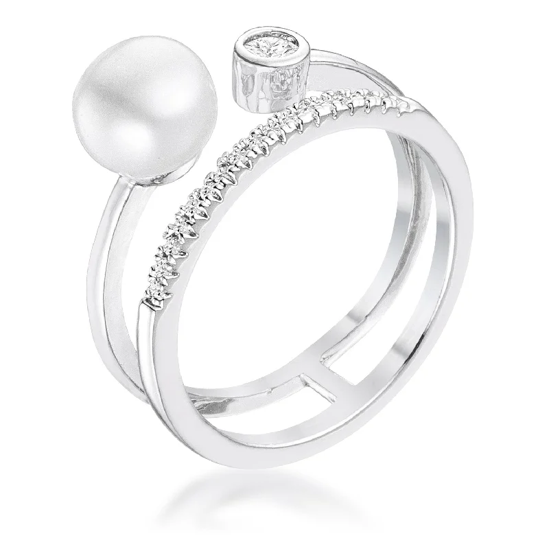 women's twist rings-Omnie Freshwater Pearl Contemporary Double Band Ring