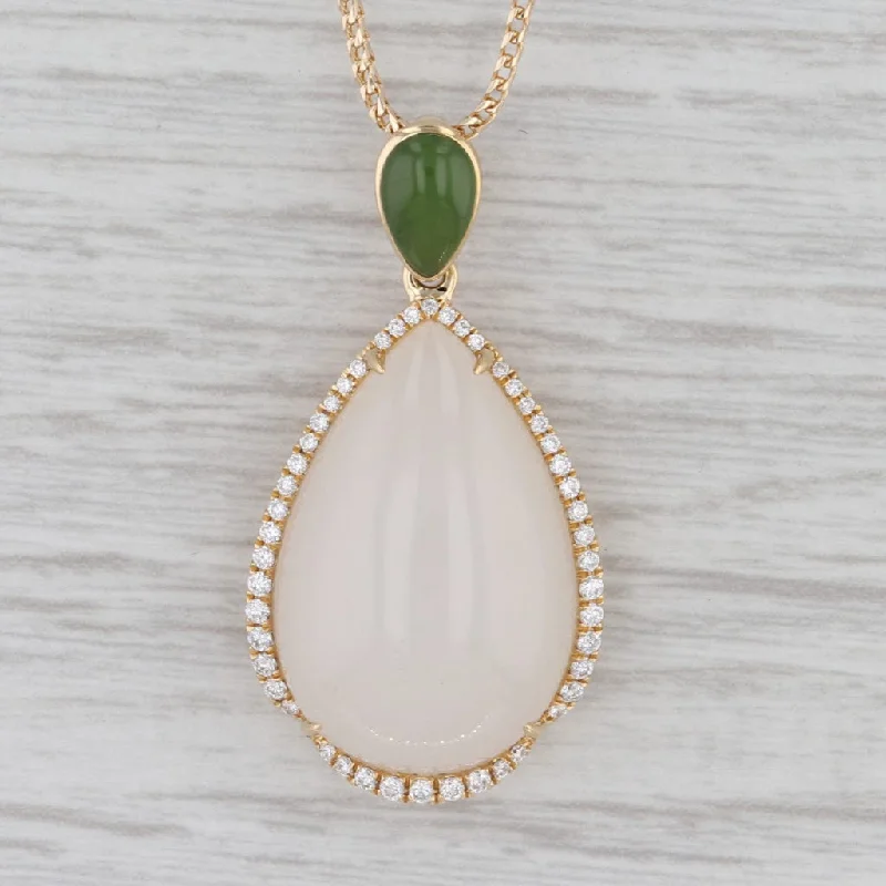 women's elegant necklaces-Nephrite Jade Teardrop Diamond Halo Pendant Necklace 14k Yellow Gold 17.5"