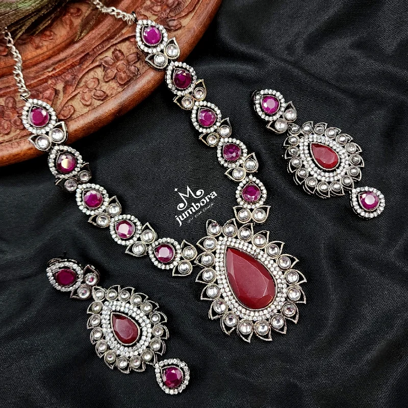 women's celestial necklaces-Victorian Kundan Oxidized German Silver AD Necklace