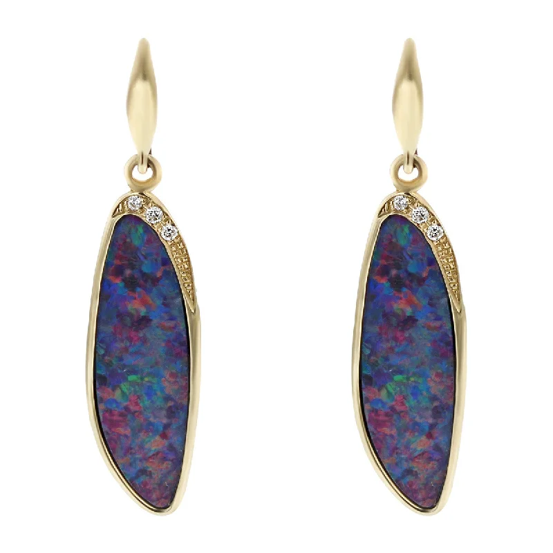 women's freshwater pearl earrings-14K Gold Black Opal and Diamond Drop Earrings