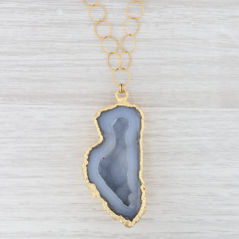 women's chain necklaces-New Nina Nguyen Druzy Geode Quartz Pendant Necklace Sterling Gold Vermeil 30.5"