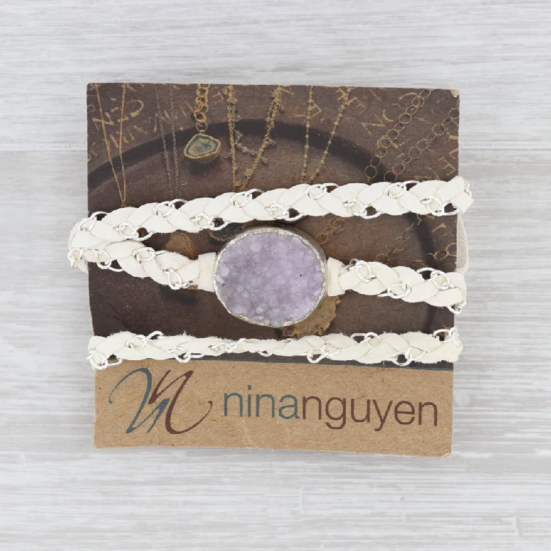 women's heart-shaped necklaces-New Nina Nguyen Cordelia Necklace Amethyst Druzy Woven White Leather Tags