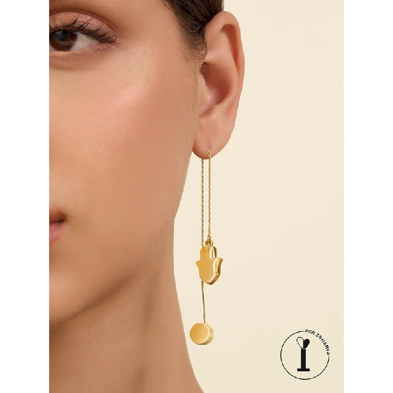 women's lucky charm earrings-Isharya Gold Hamsa Threader Earrings In 18Kt Gold Plated