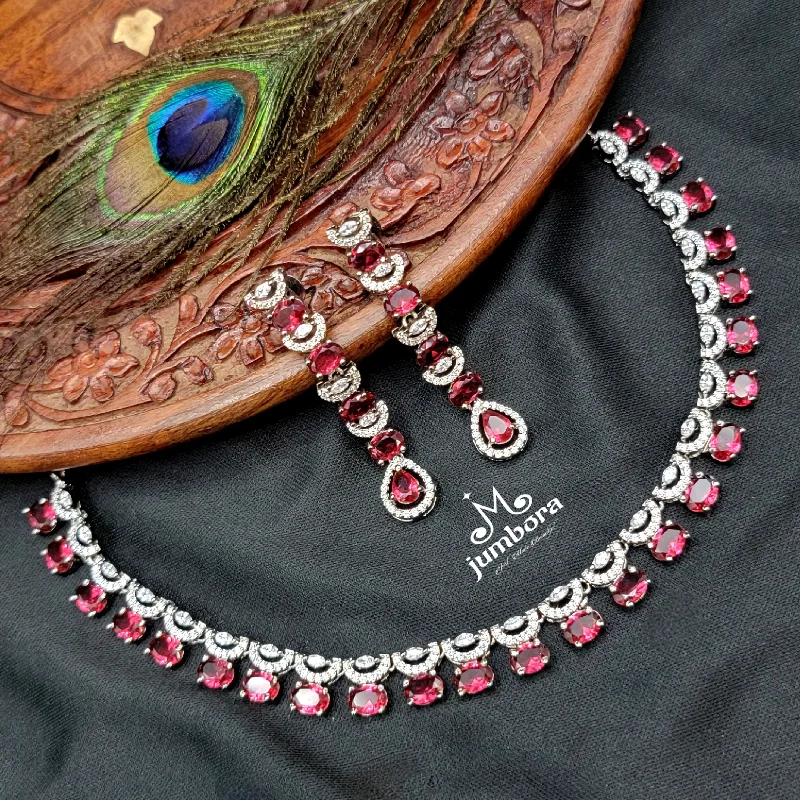 women's tribal necklaces-Burgundy Red & White AD Zircon Contemporary Victorian Necklace Set