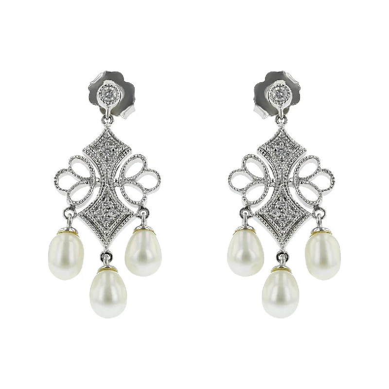 women's handcrafted earrings-14K Freshwater Pearl and Diamond Dangle Earrings