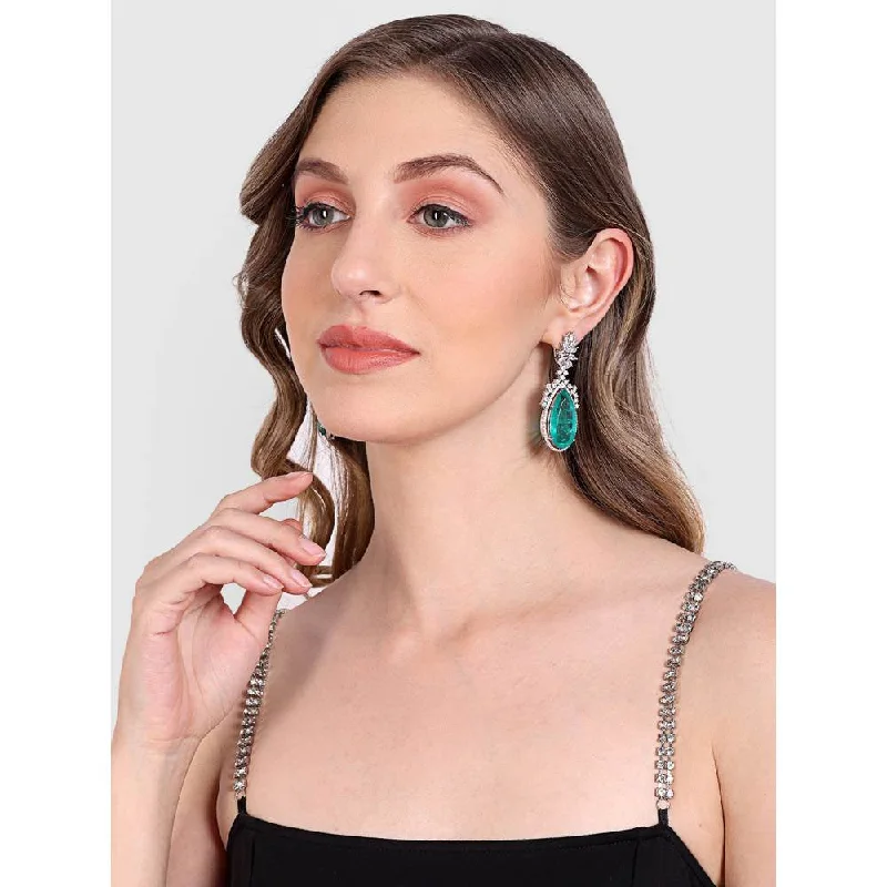 women's delicate earrings-Auraa Trends Rhodium Plated American Diamond Contemporary Drop Earrings