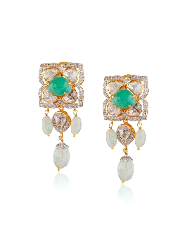 women's sun and moon earrings-Minakshi Polki And Diamond Long Earrings