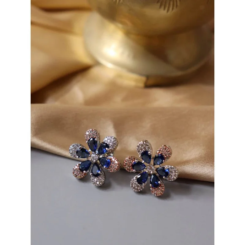 women's unique earrings-Curio Cottage Cubic Zirconia Blue Floral Stud Earrings