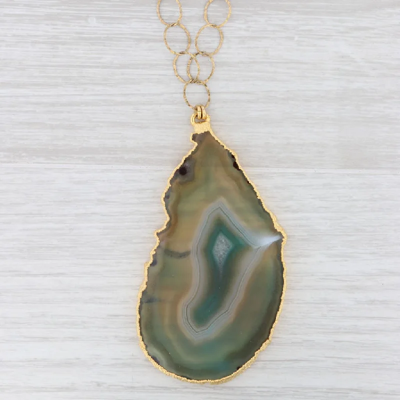 women's luxury designer necklaces-New Nina Nguyen Agate Slice Statement Pendant Necklace Sterling Gold Vermeil 27"