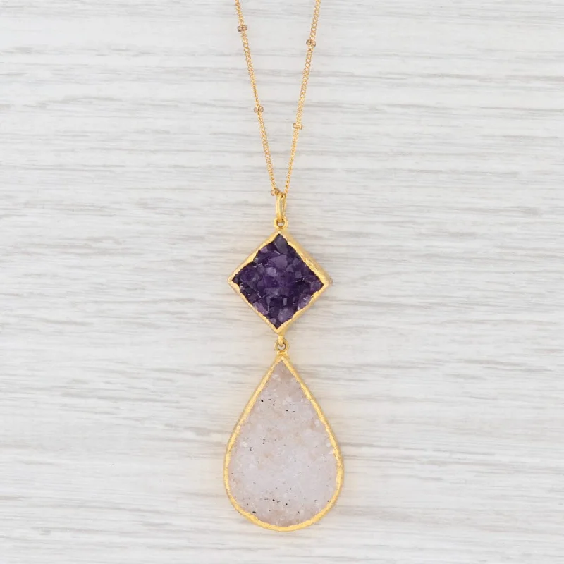 women's floral engraved necklaces-New Nina Nguyen Druzy Quartz Amethyst Pendant Necklace Sterling Gold Vermeil