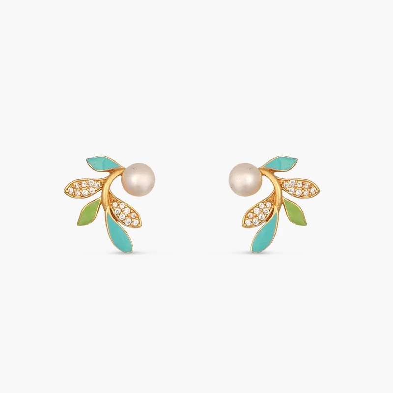 women's huggie earrings-Eriha Pearl Delicate Green Leaf Stud Earrings