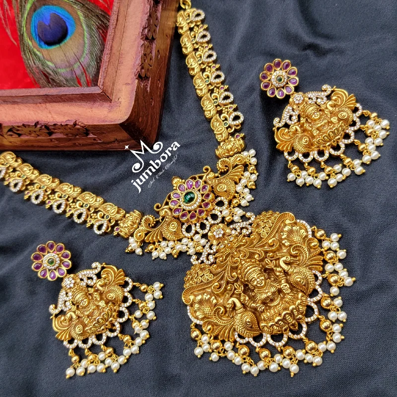 women's heart-shaped necklaces-Nakshi Kemp Zircon AD Peacock Lakshmi Necklace in Temple Jewelry