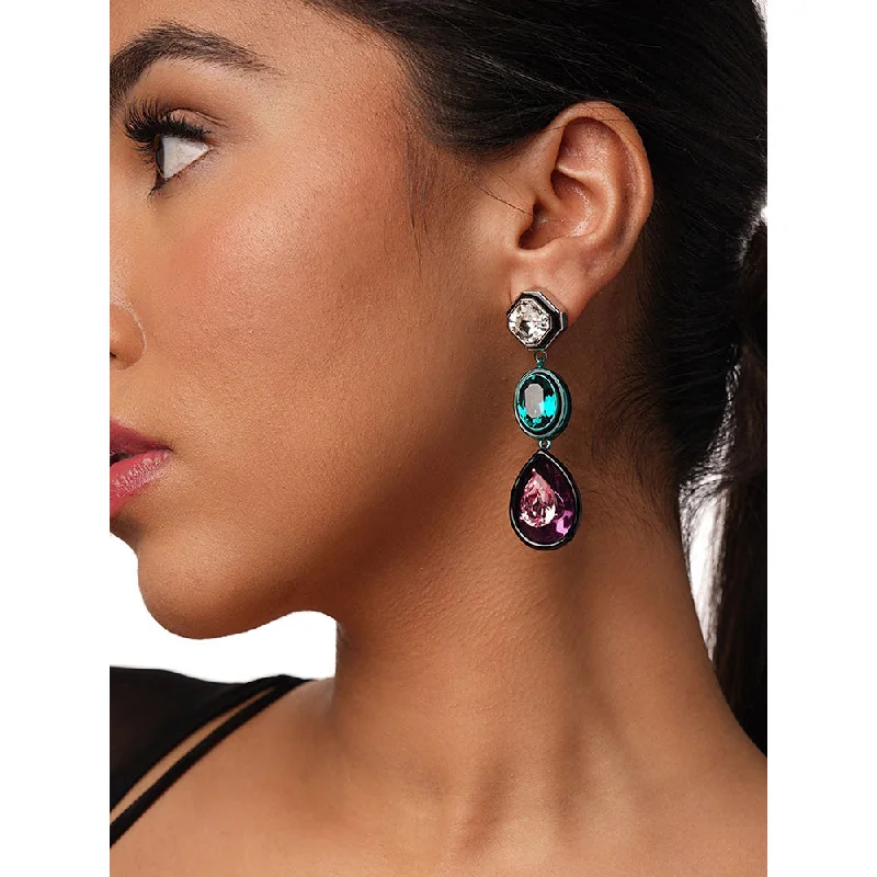 women's dangle earrings-Isharya Banger Mismatch Multi-Crystal Earrings In Rhodium Plated