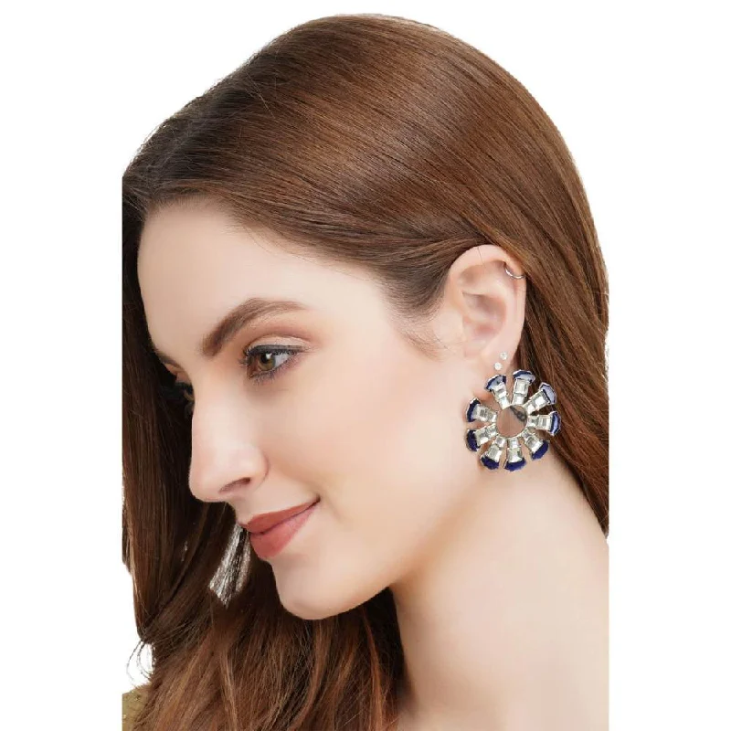 women's wood earrings-Auraa Trends Rhinestone Flower Shape White and Blue Stud Earrings