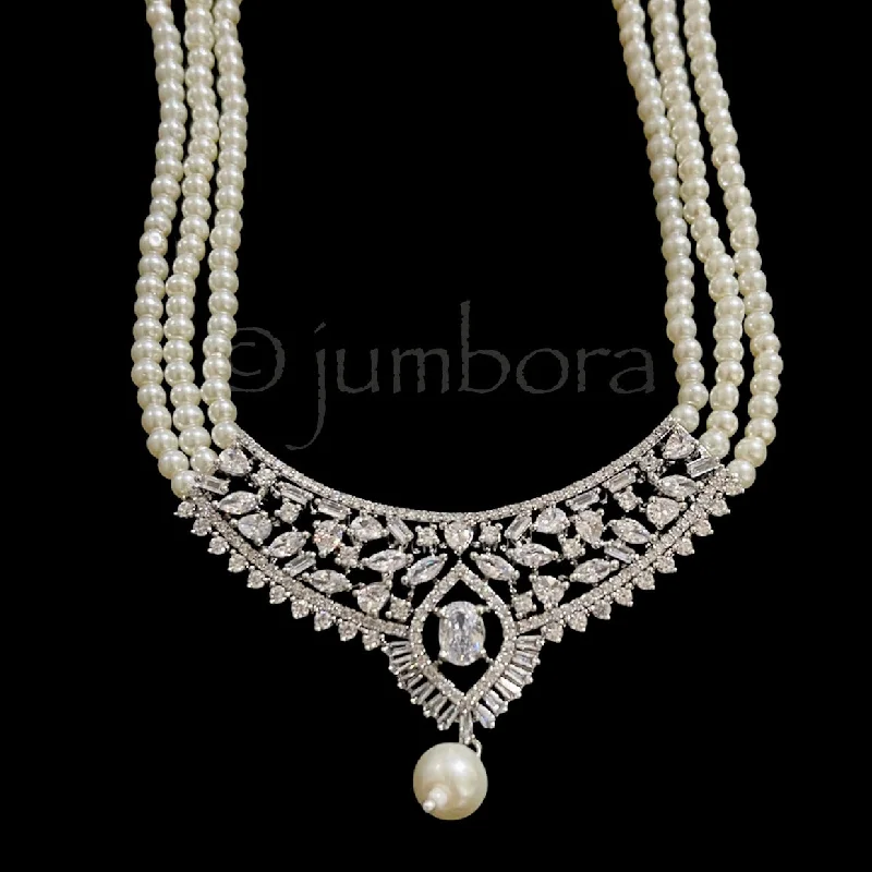 women's chic necklaces-Pearl Necklace & Earrings with AD Zircon (CZ) Pendant