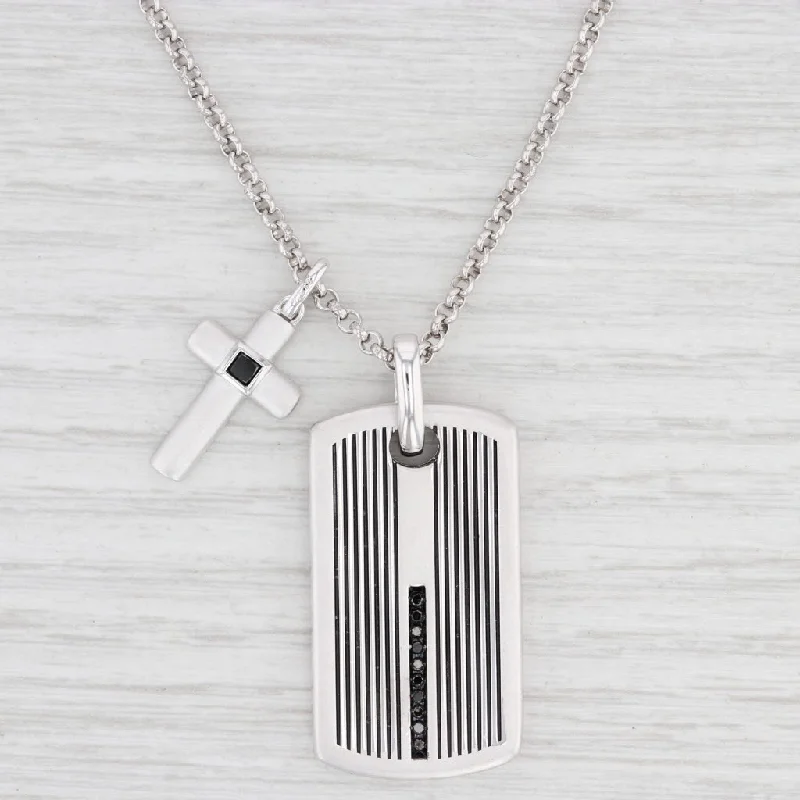 women's luxury designer necklaces-New Cross Dog Tag Pendant Necklace Black Diamonds Sterling Silver 21.5"