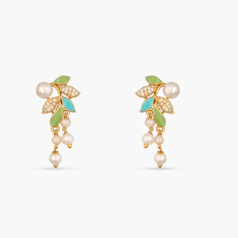 women's statement earrings-Eriha Pearl CZ Green Leaf Drop Earrings