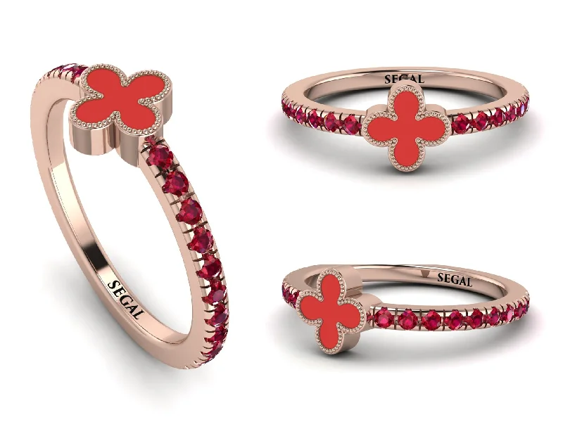 women's birthstone rings-Elegant Enamel Clover Ruby Ring - Clover No. 11