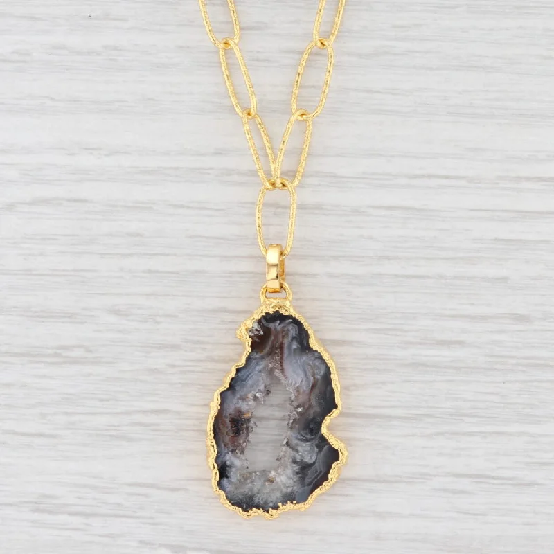 women's geometric necklaces-New Nina Nguyen Druzy Geode Quartz Pendant Necklace Sterling Gold Vermeil 21"