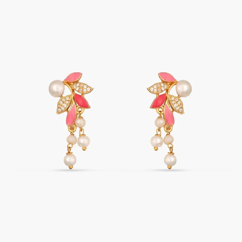 women's trendy earrings-Eriha Pearl CZ Pink Leaf Drop Earrings