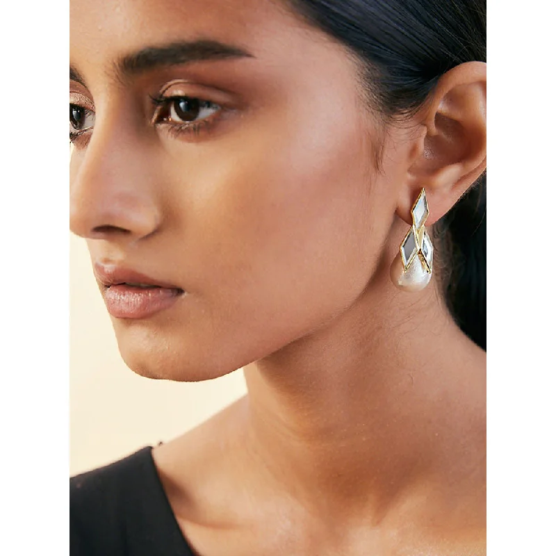 women's chandelier earrings-Isharya Demi Goddess Rhombus Mirror & Pearl Drop Earrings In 18KT Gold Plated