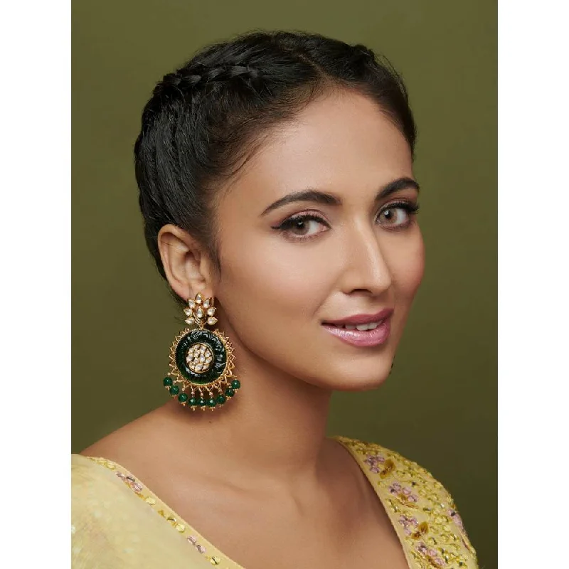 women's geometric earrings-Curio Cottage The Bridal Green and Gold Chandbali Earrings