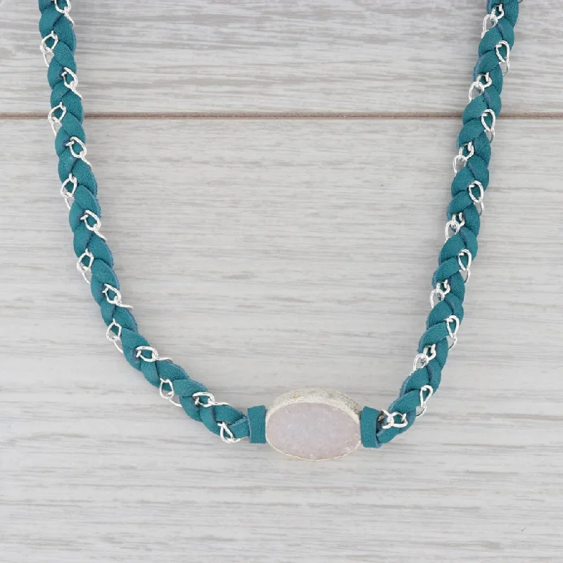 women's birthstone necklaces-New Nina Nguyen Cordelia Necklace Teal Leather White Druzy Quartz Pendant