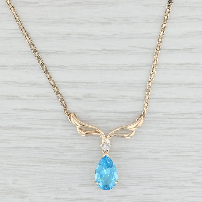 women's oversized necklaces-14.94ctw Blue Topaz Diamond Teardrop V Necklace 14k Gold 16” Bismarck Chain