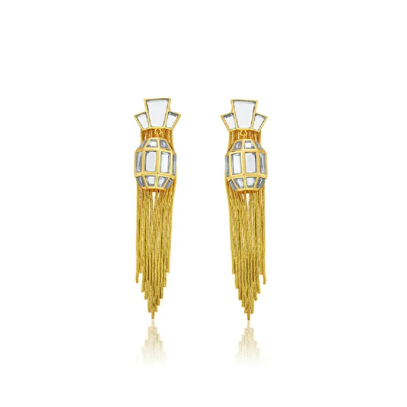 women's unique earrings-Bombay Deco Tassel Statement Mirror Earrings in Gold