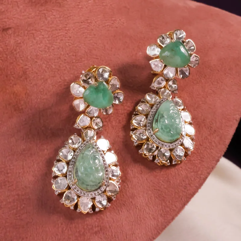 women's floral earrings-Nira Polki And Diamond Long Earrings