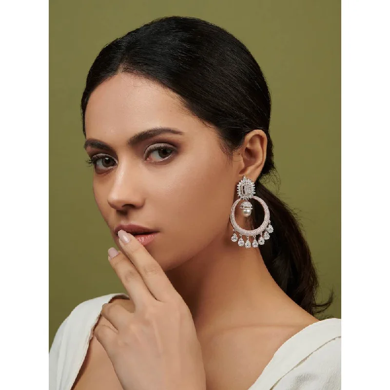 women's engraved earrings-Curio Cottage Diamante Rose Gold and Pearl Drop Chandbali Earrings