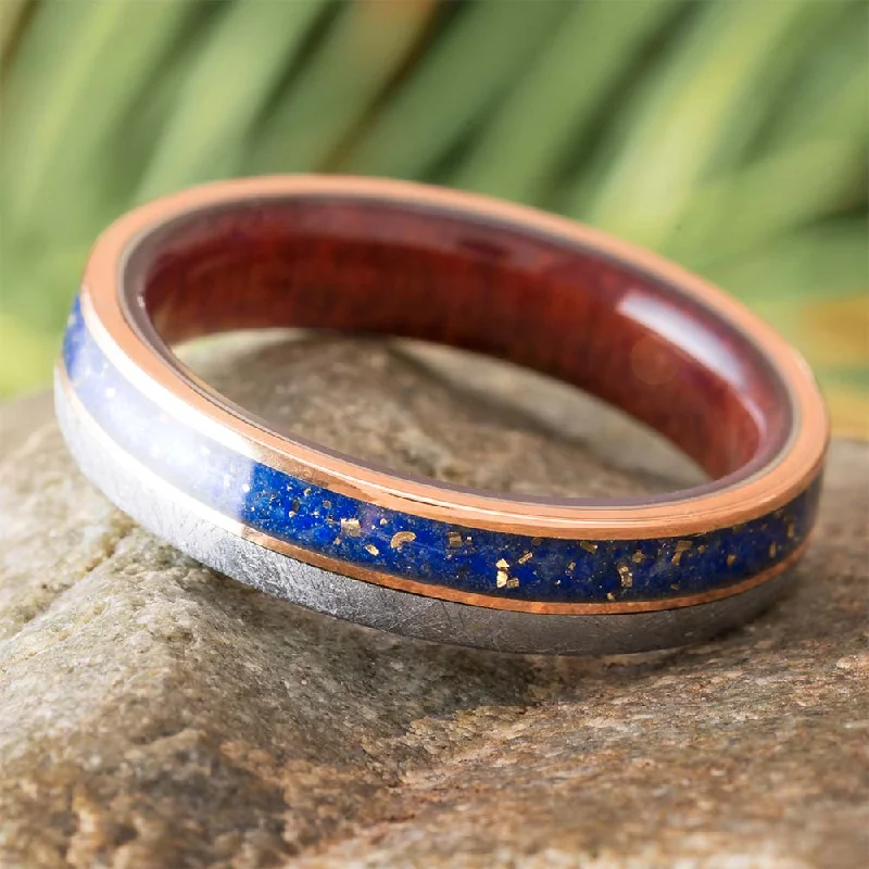 women's platinum engagement rings-Lapis Lazuli and Gibeon Meteorite Wedding Band in Rose Gold