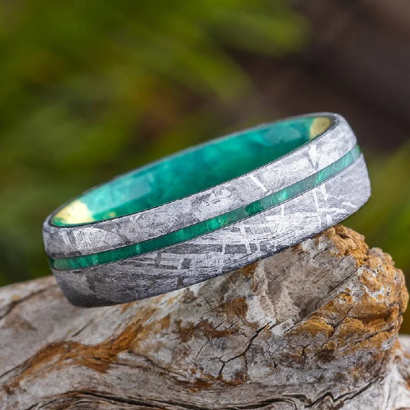 women's fashion rings-Meteorite & Green Wood Men's Wedding Band