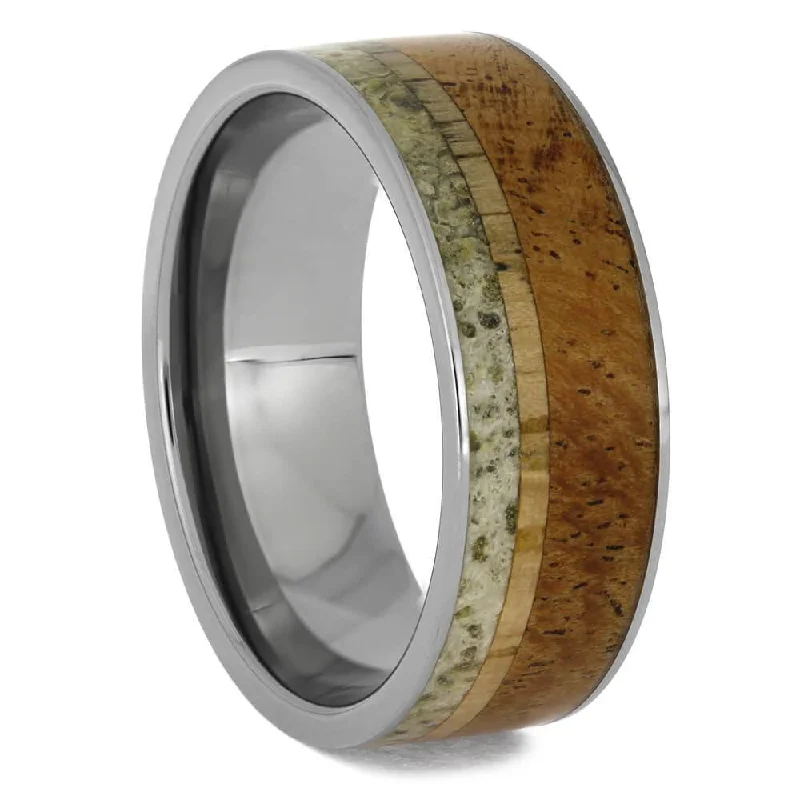 women's gothic engagement rings-Men's Wood Wedding Band with Deer Antler Pinstripe