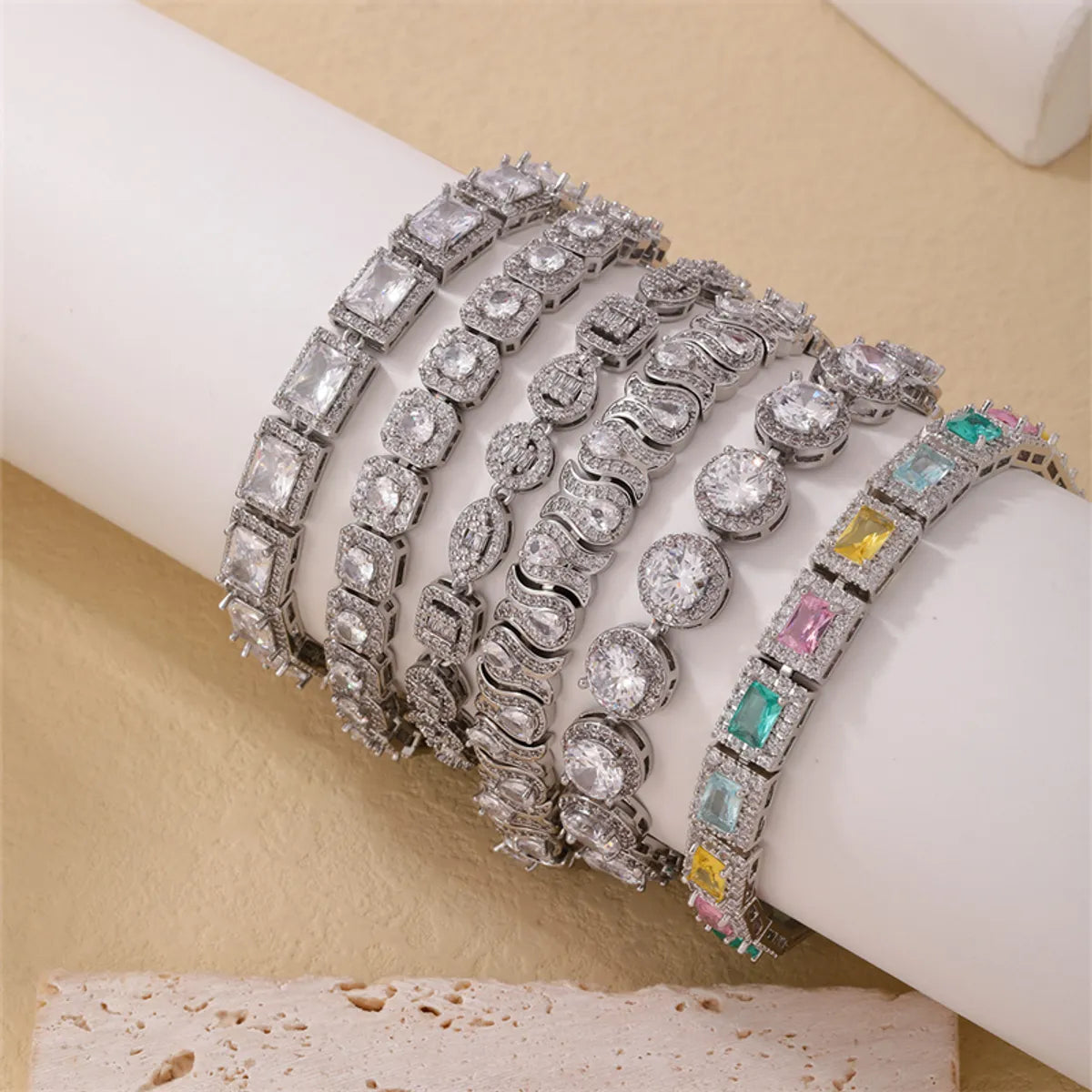 women's tennis bracelets-Casual Simple Style Geometric Copper Irregular Zircon Silver Plated Bracelets