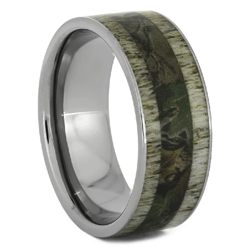 women's tension set engagement rings-Deer Antler Wedding Band with Camo Print