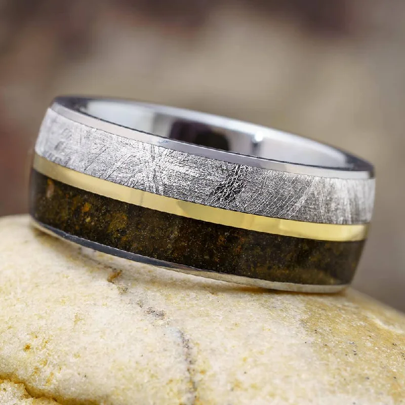 women's minimalist rings-Tungsten Wedding Ring With Meteorite & Dinosaur Bone