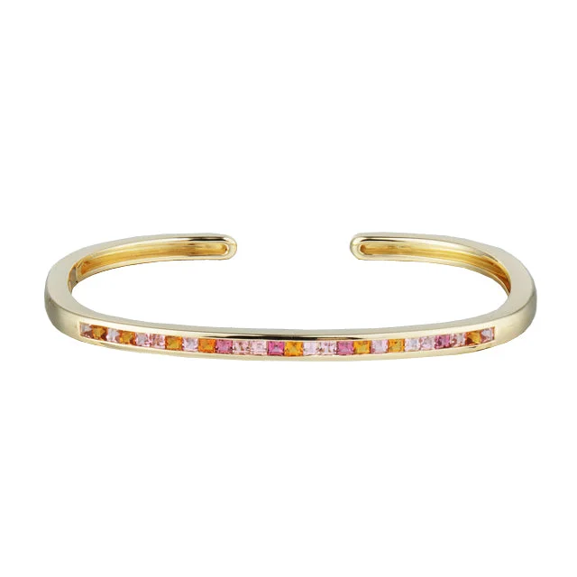 women's art deco bracelets-Slim Hinged Rectangular Cuff Bracelet with Pink Tourmaline & Citrine Squares