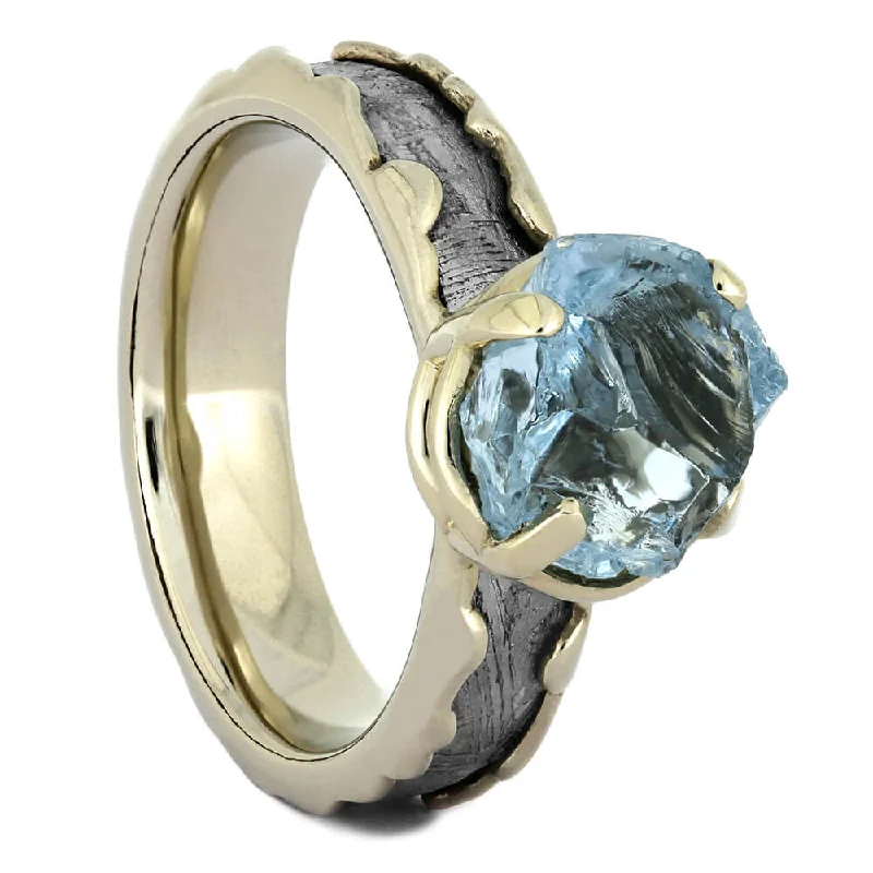 women's double halo engagement rings-Rough Aquamarine and Meteorite Engagement Ring in White Gold